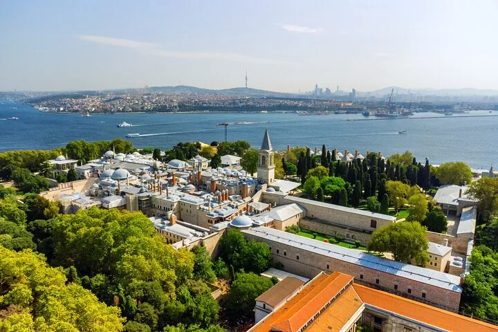 Aerial view of Topkapi Palace complex with the Bosphorus in the background